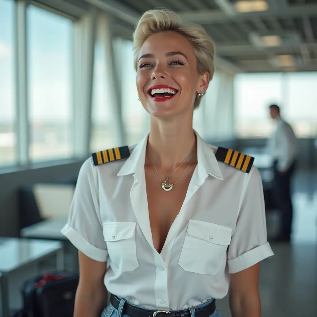 white norvegian pilot lady, in white deep-necked pilot shirt, laughing with her mouth open, red lipstick accentuating her smile,belt on waist, big wide hips, chest are fully grown, jewerly, short hair, HD, enjoing at airport , photo-realism