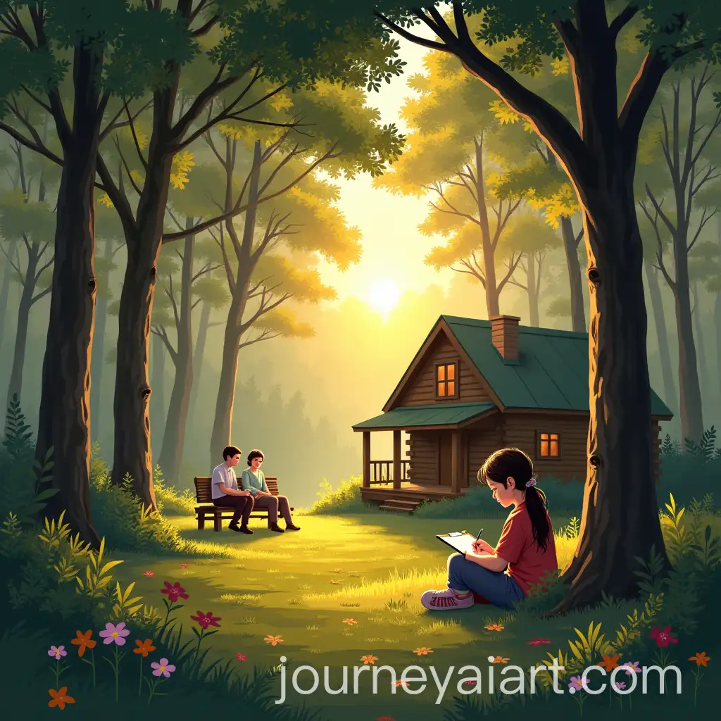 Serene-Sunrise-in-a-Forest-with-a-Girl-Drawing-by-a-Wooden-Cabin
