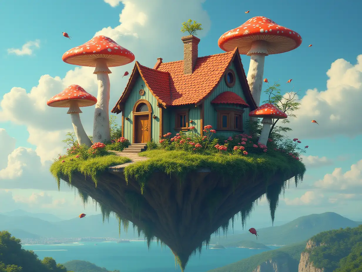 Magical floating island house with giant mushrooms art