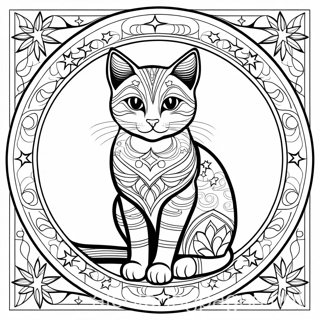 create a confident mandala cat art sitting proudly, surrounded by stars and encouraging paw prints.- in line art, Coloring Page, black and white, line art, white background, Simplicity, Ample White Space. The background of the coloring page is plain white to make it easy for young children to color within the lines. The outlines of all the subjects are easy to distinguish, making it simple for kids to color without too much difficulty