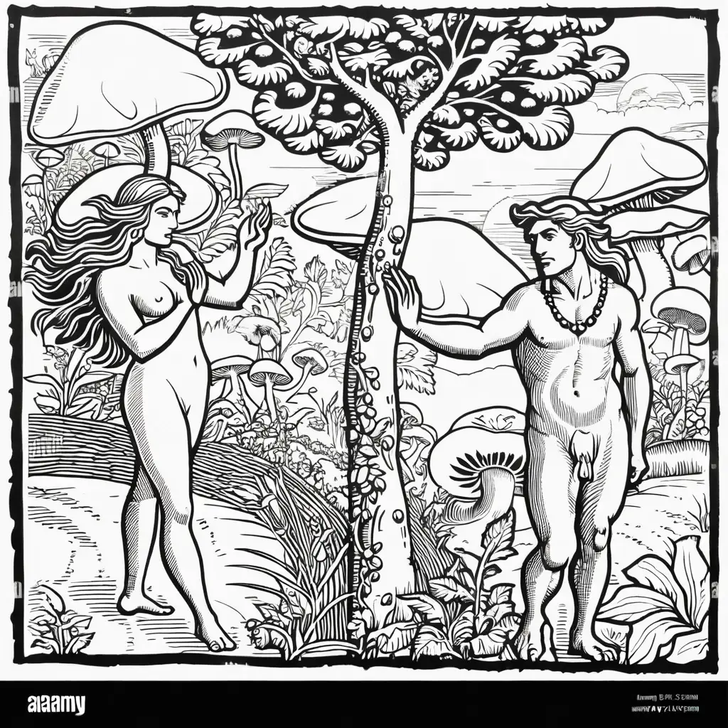 Adam and Eve Dancing in the Garden of Eden Amidst Large Mushrooms Old Gothic Woodcut Style