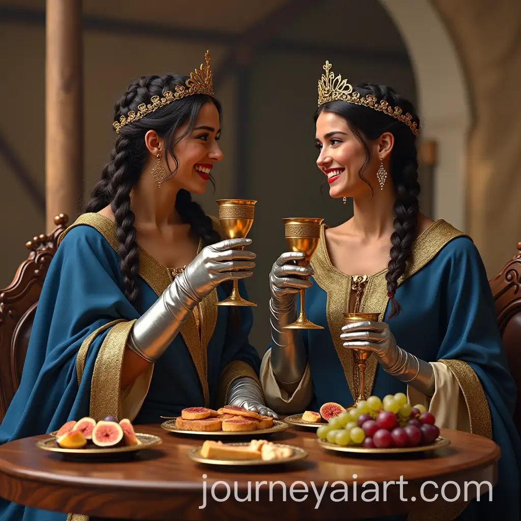 Medieval-Feast-Queen-and-Baroness-Sharing-a-Wine-Toast-in-a-Tent