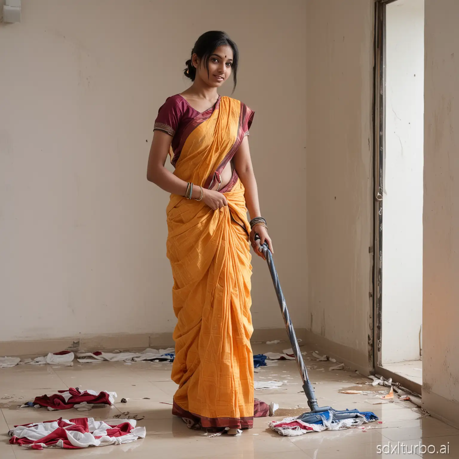 Indian maid cleaning the house. Wearing torn saree.
