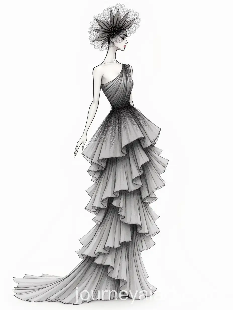 Frill-Layered-OneShoulder-Haute-Couture-Dress-with-Net-Flower-Fascinator-AvantGarde-Fashion-Design-Sketch