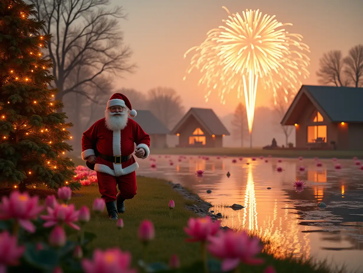 a cheerful and joyful Santa Claus with a bag of gifts is running away from the children of 2 boys and 3 girls on the way from the Christmas tree, children are merrily running after him along the grassy bank of the pond, and beyond the shore is a large pond with pink lilies, and now on the other side of the pond with large pink lilies, children and other people are having fun walking on the shore, on the other shore there are also 3 single-storey chalet houses with panoramic windows in all walls from floor to roof, that is, each wall is a panoramic window, Everything else around the pond is made in a minimalist landscape design., houses and trees and everything around are decorated with bright garlands of lights, sunset and lots of sunset sunlight, there are 5 flashes of large fireworks in the sky, the foreground is in focus, and the background is blurred.