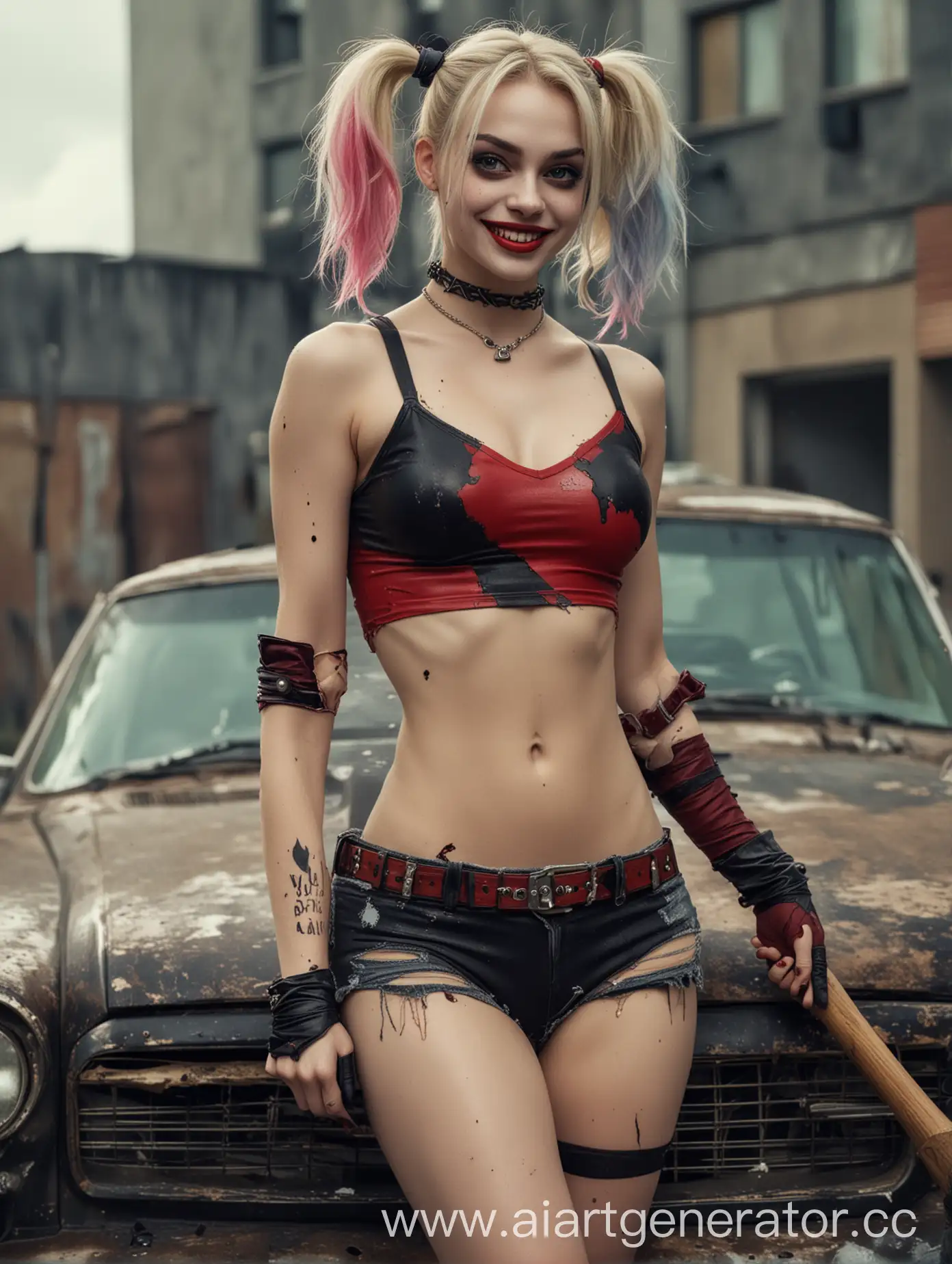 Slim-and-Stylish-Woman-with-Bat-Leaning-on-a-Car-in-Torn-Pantyhose-Inspired-by-Harley-Quinn