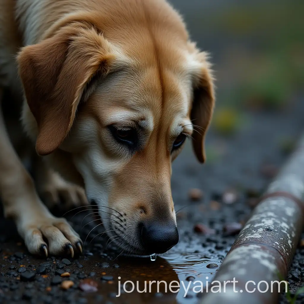 A-Serene-Urban-Canine-Drinking-Rainwater-Beside-an-Old-Iron-Gutter