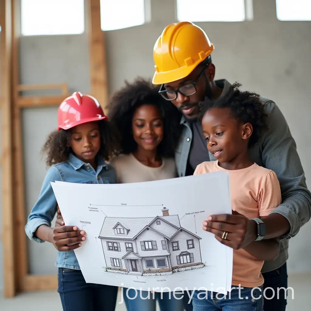 Black-Family-Engaged-with-Engineer-Reviewing-House-Blueprint-at-Construction-Site