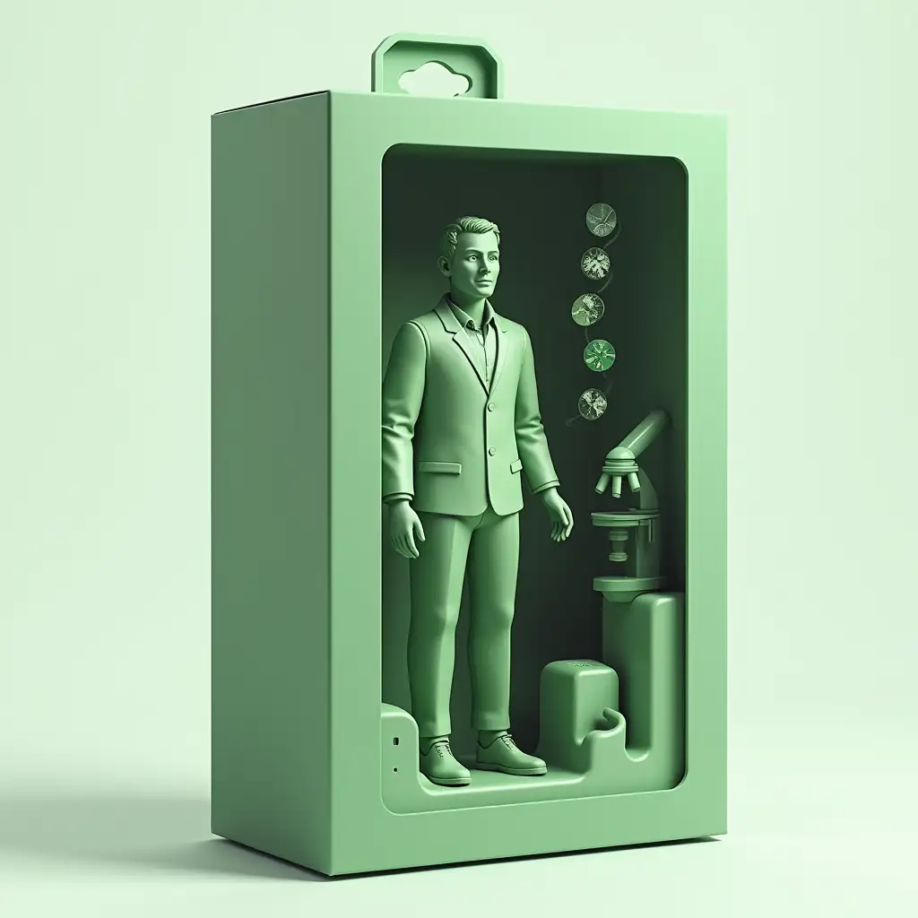 Create an action figure on photo. It should be a person figurine. The figure should be standing inside the box in full size. Near the figurine there should be its accessories: microscope, herbarium, dna molecule - one of these items. The design of packaging is modern, in style of collectible toys, with smooth gradient in green tones. Also on the box at the top it should be written — biology, and under it — teacher. At the top of the box there's a hook for hanging. Depict as realistically as possible.