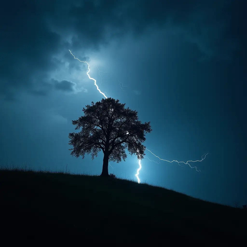 A low-angle shot of a lone tree on a hilltop, silhouetted against a stormy sky, lightning illuminating the scene