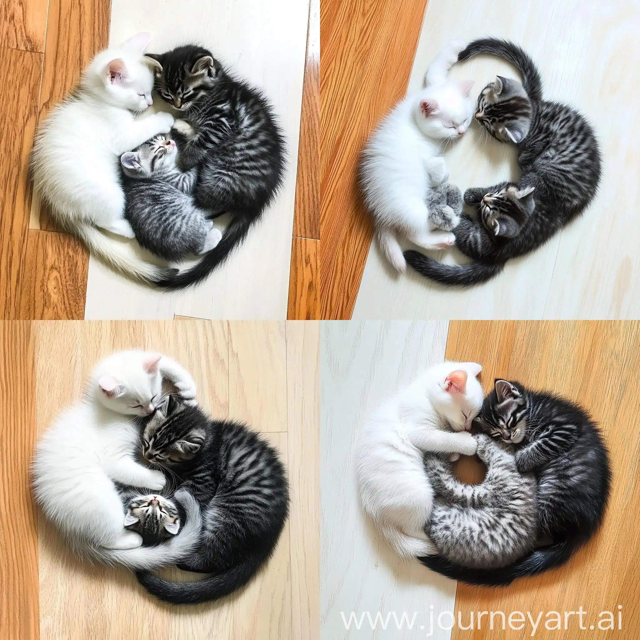 Three-Fluffy-Kittens-in-Yin-Yang-Formation-on-White-Floor