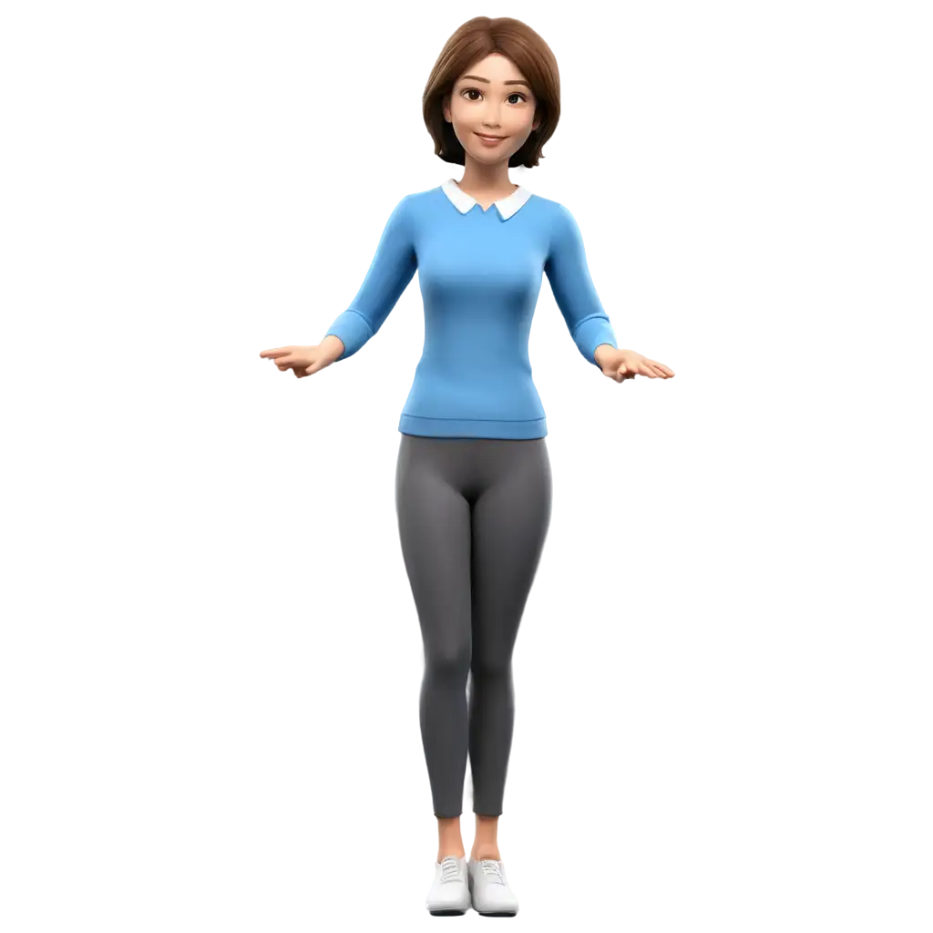 3D-Animated-Asian-White-Woman-PNG-Image-with-Brown-Short-Hair-and-Blue-Long-Sleeves