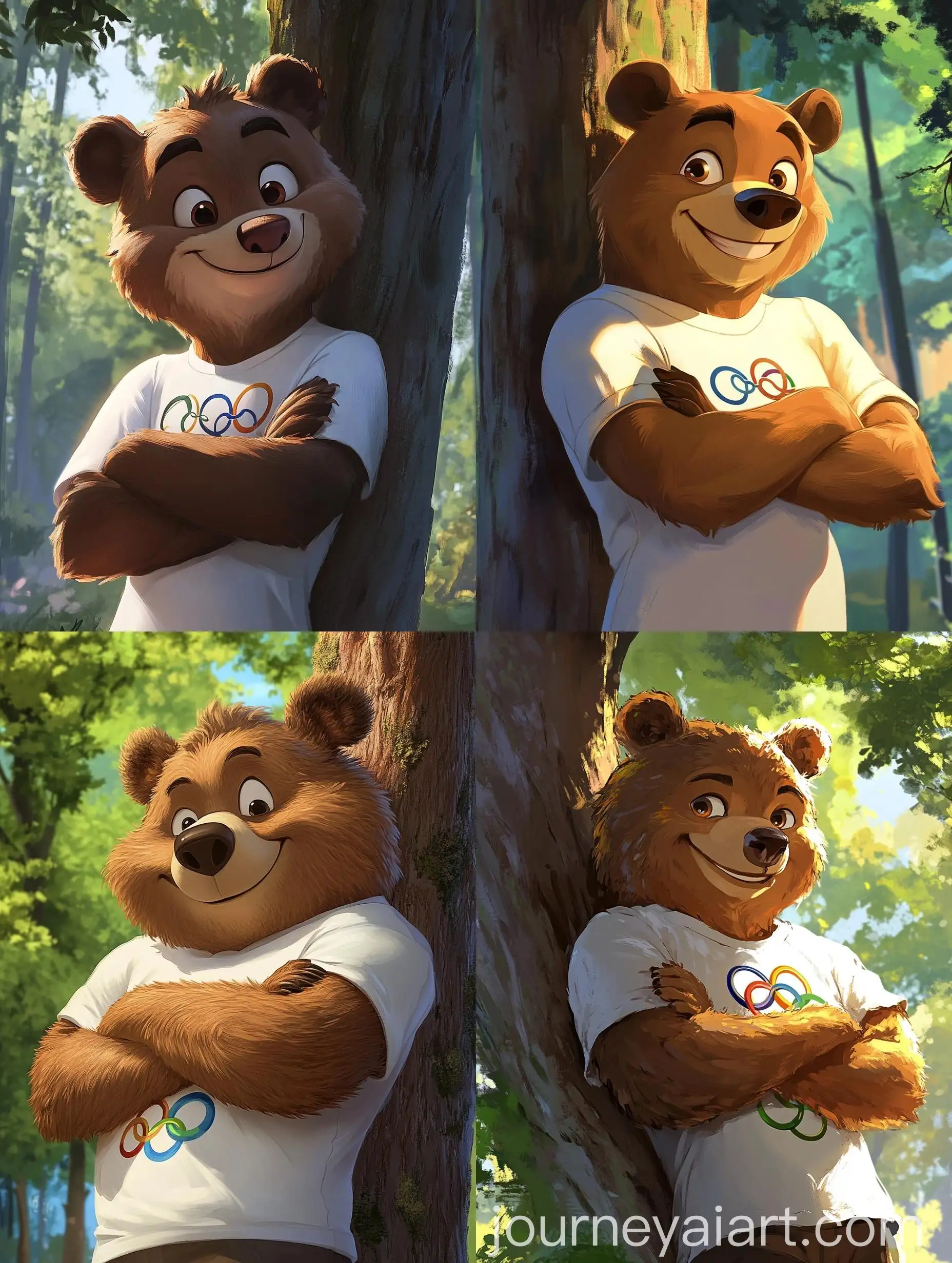 Cartoon-Female-Bear-Leaning-on-Tree-with-Olympic-Rings-Shirt