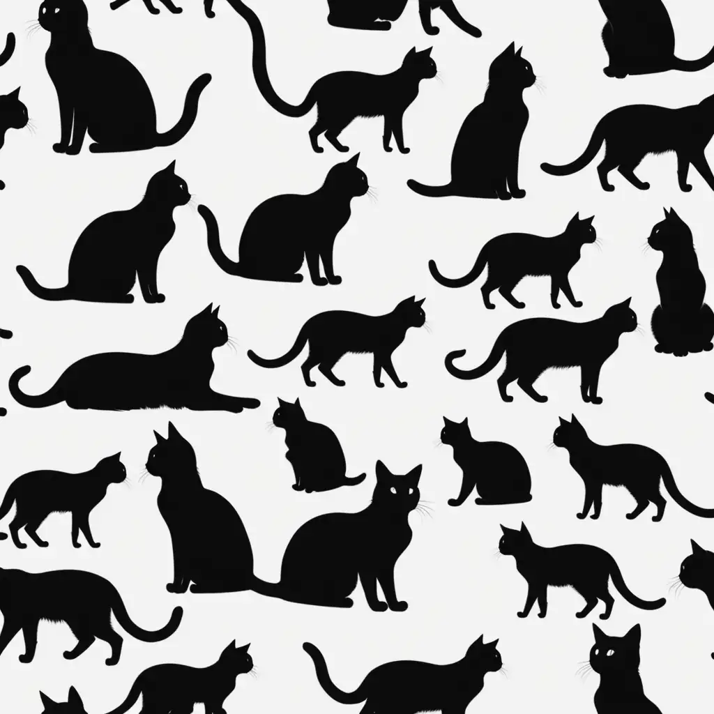 Silhouettes of Cat in Black on Blank White Background