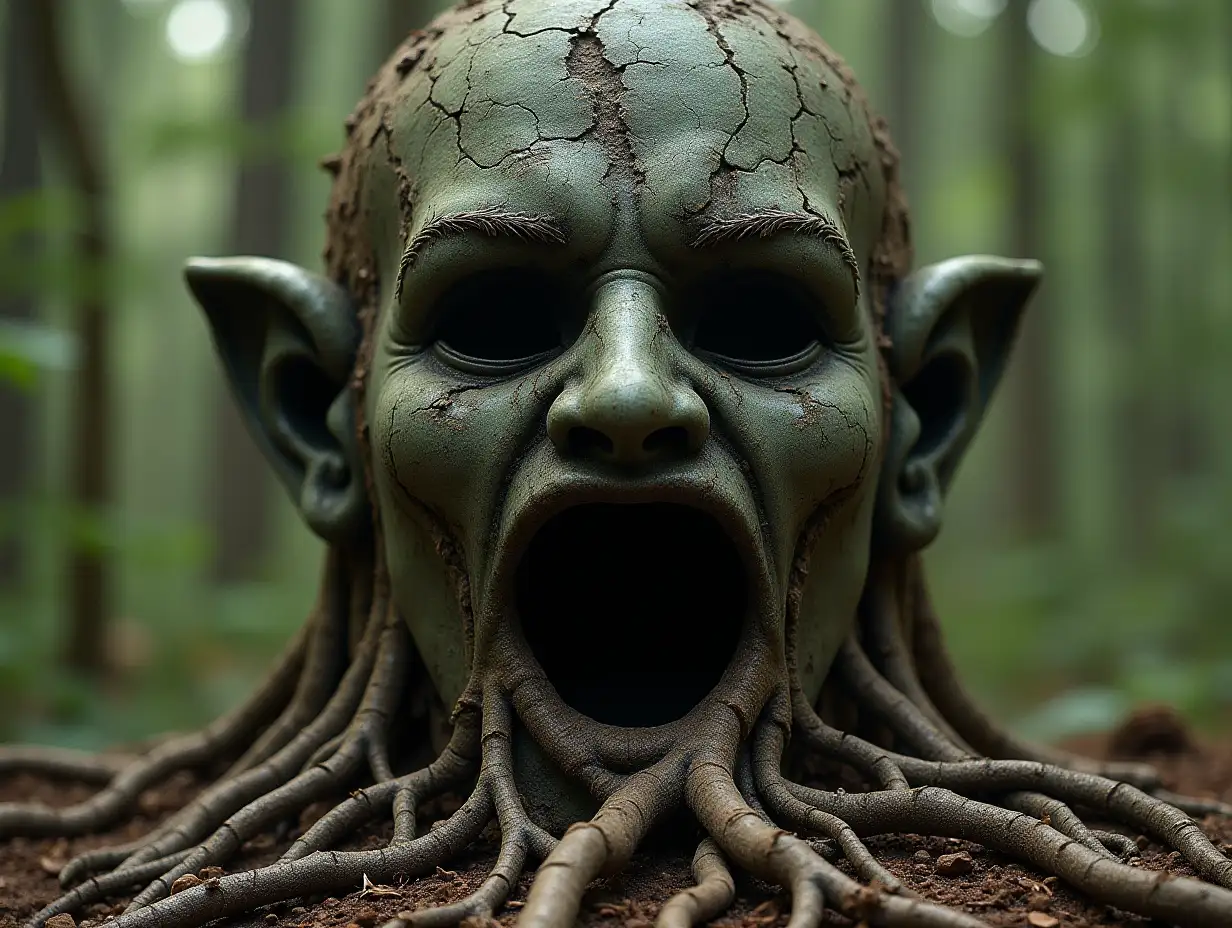 Face with stone helm in mouth roots in building transformed in the forest