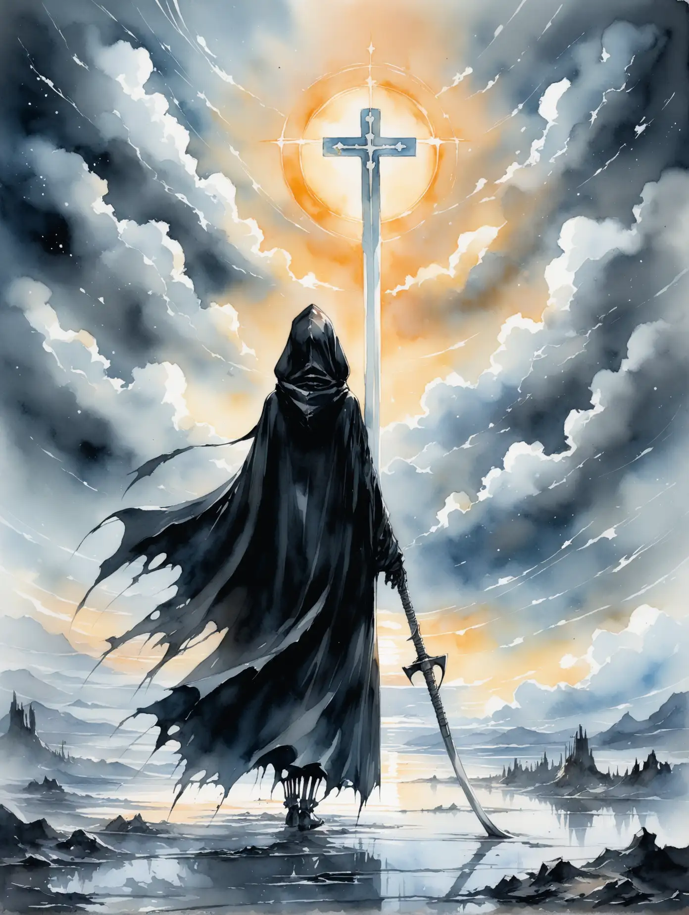 Futuristic-Tarot-Card-Death-Featuring-a-Hooded-Figure-with-Scythe-and-Glowing-Cross