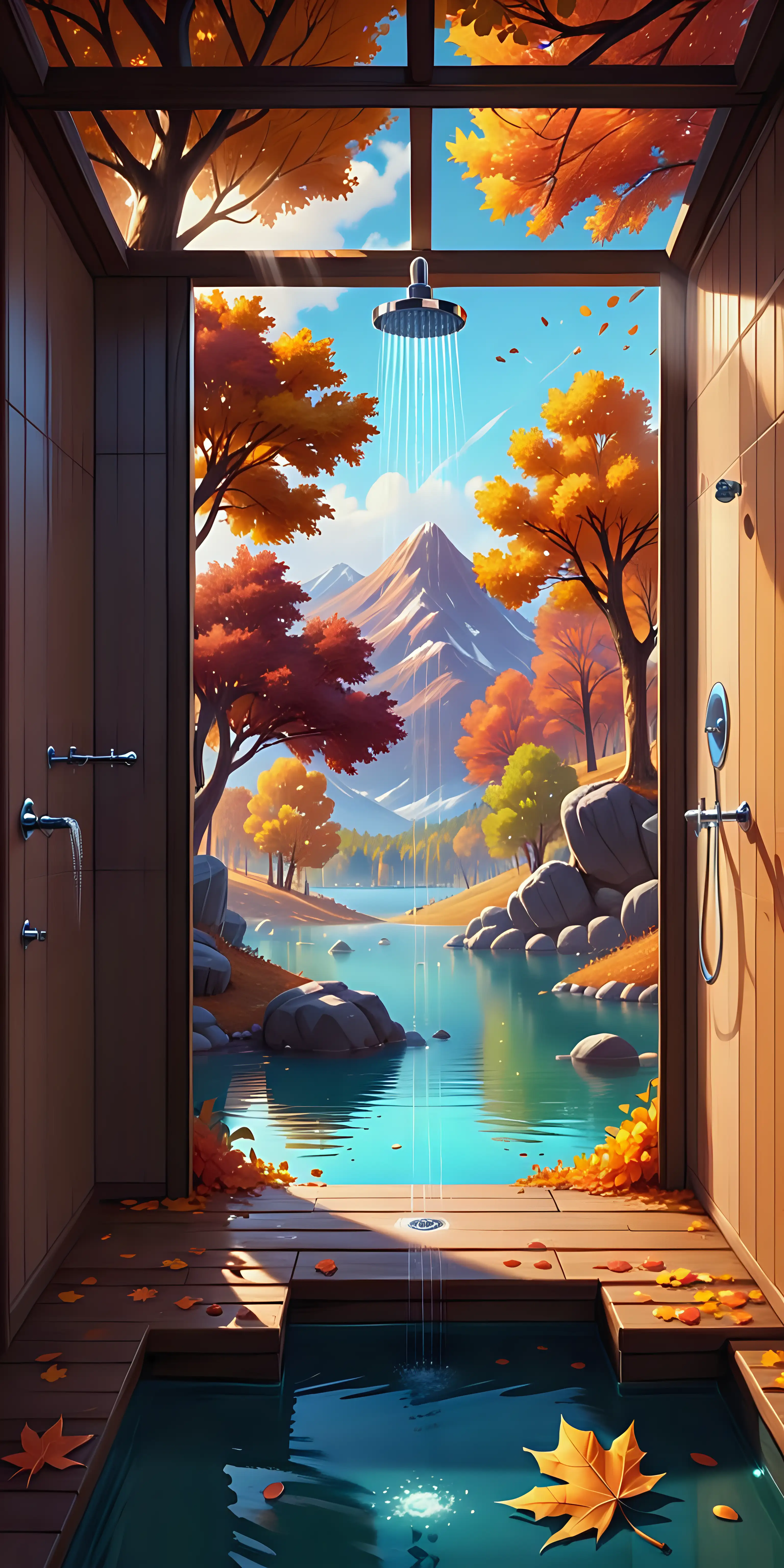 Fantasy Autumn Scene Inside a Shower Cabin