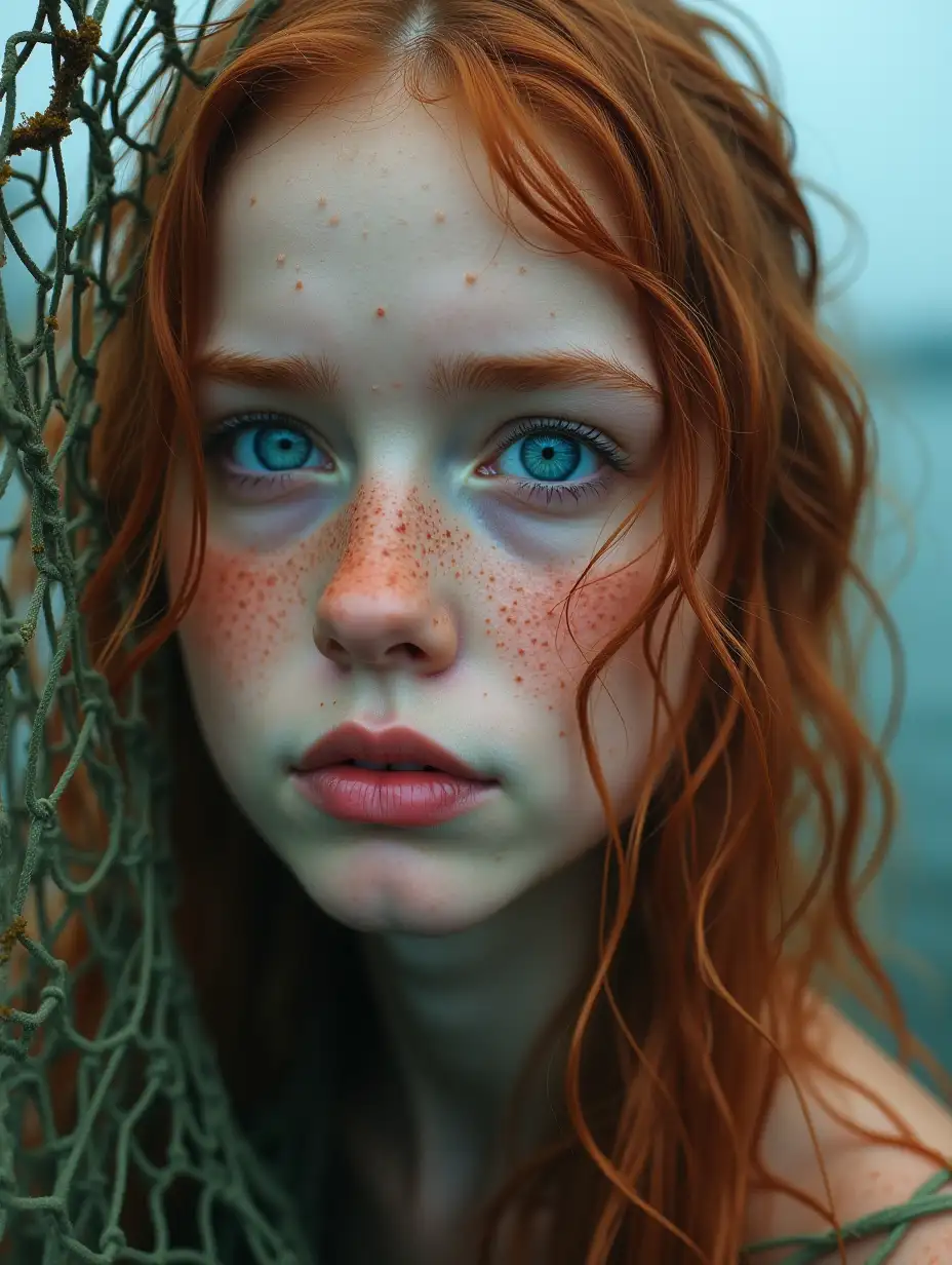 double exposure, fishing net and algae in the foreground, in the background a close-up of the wet face of a girl who looks through a fishing net, long red hair, freckles, blush, lack of makeup, naturalness, thin lips, sad look, against the background of an ancient ship, drops of water on her face, the reflection of the sea in her eyes, blue shining eyes, the art of splashing