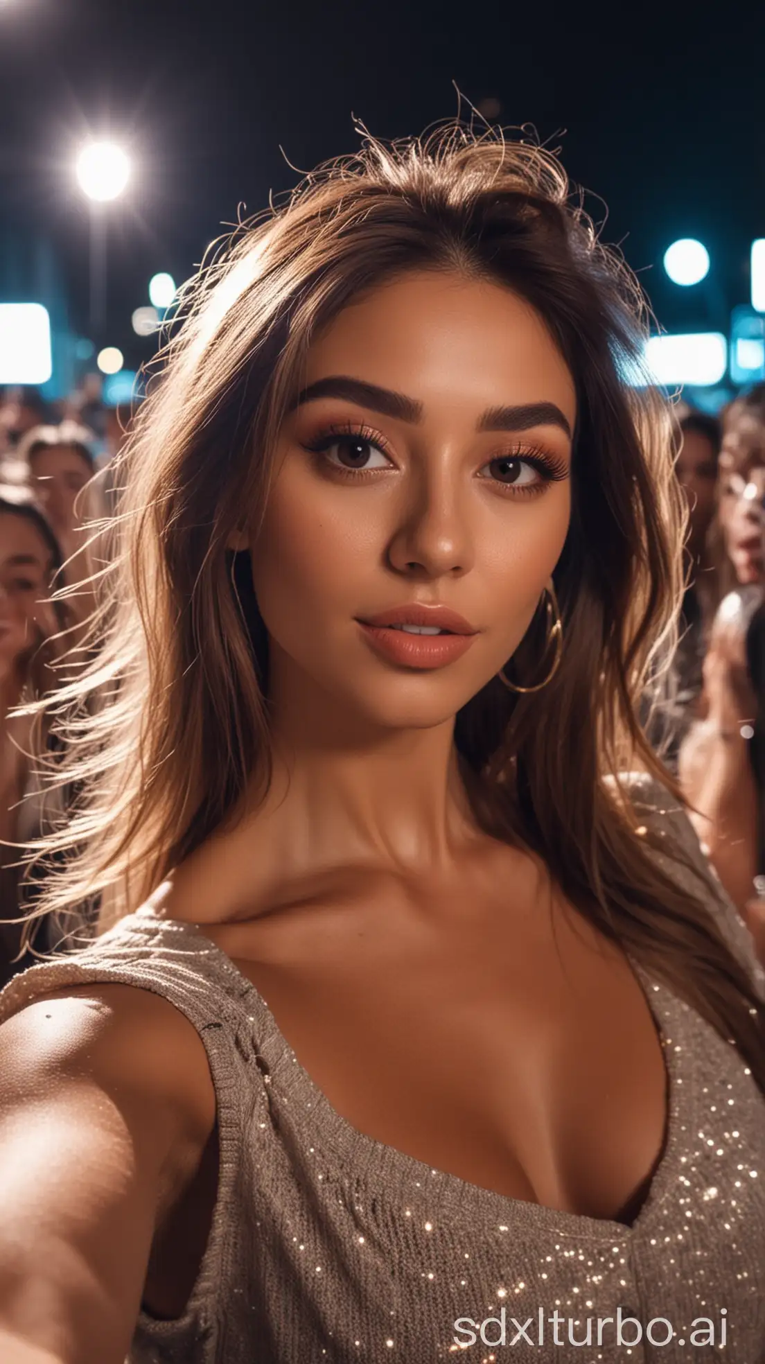 Famous-Female-Influencer-Taking-Selfie-with-Crowd-in-Glowing-Night-Lighting