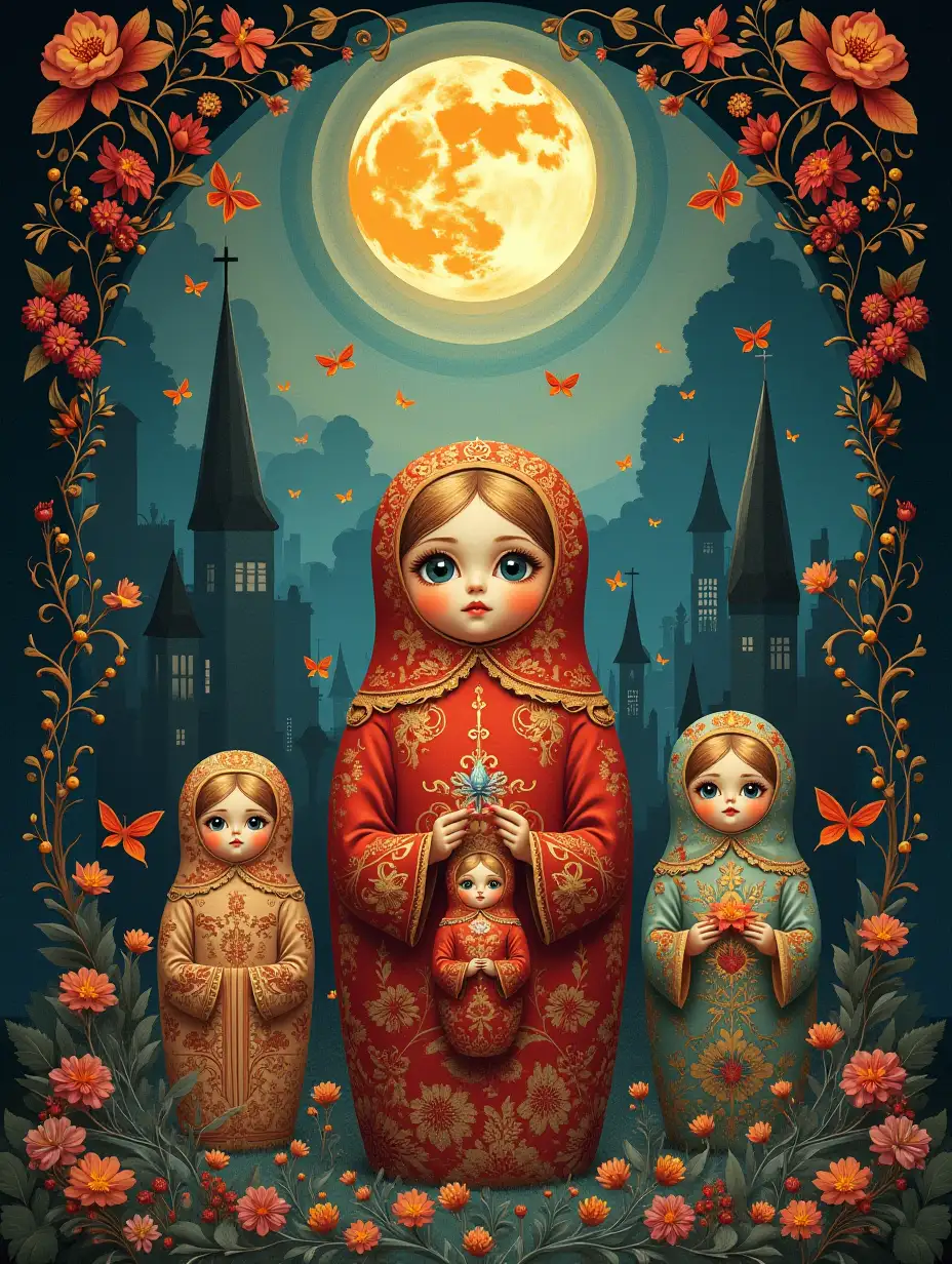 A vibrant, dreamlike poster showcases Russian dolls transforming into surreal scenes of folklore. Rich colors, ethereal light, and intricate details evoke Slavic mythology, blending gothic, Art Deco elegance with serene tranquility.