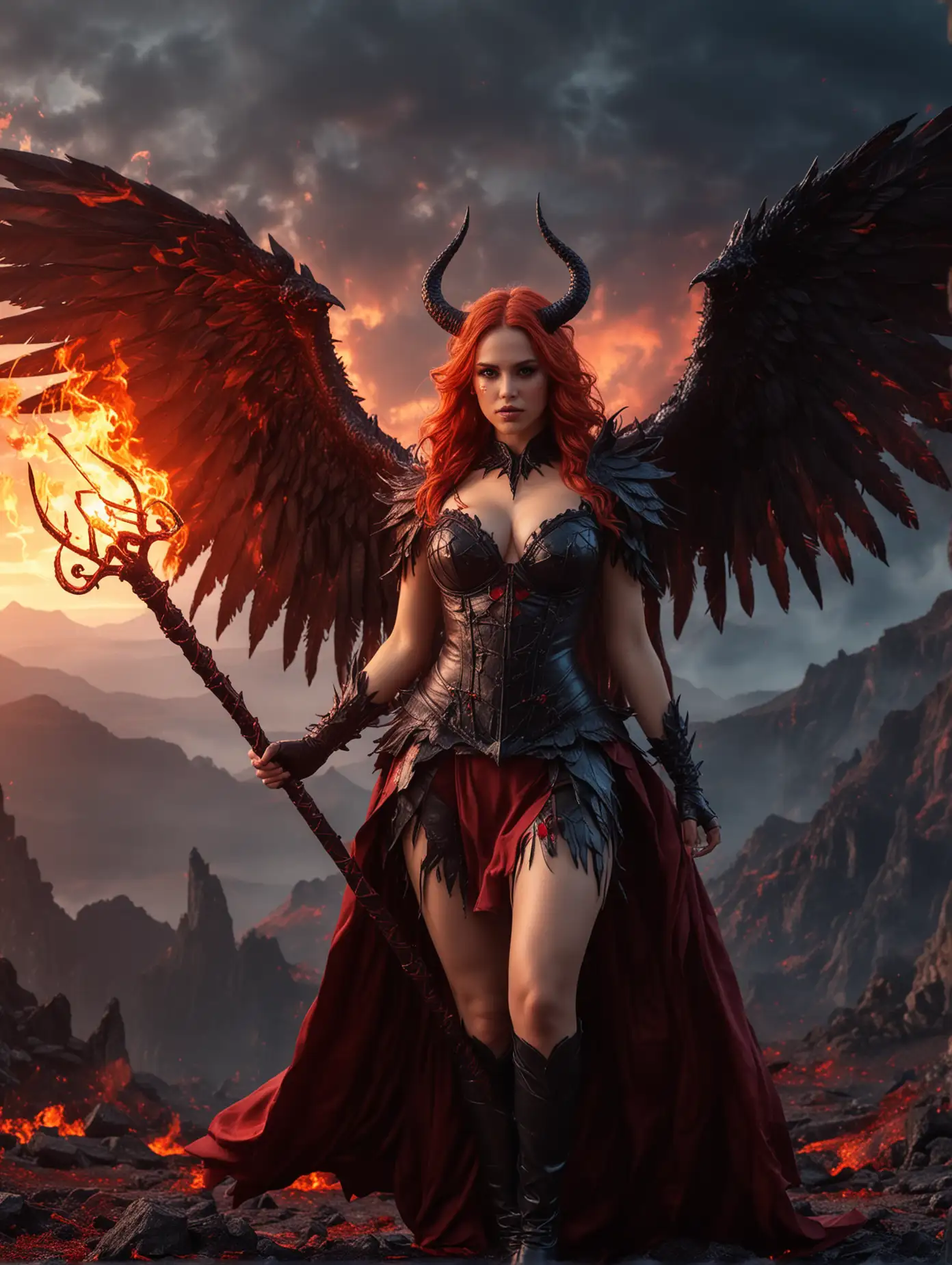 Eye level view, close up view, beauty Mia Malkova was cosplaying as demonic lucifer with majestic large black wings, flowing red hair, holding the witch staff, walking graceful and elegant on flamming magma. The background is a vibrant vulcano mountain, amazing ray tracing of sunrise, graceful, dark blue sky giving the overall composition an edgy feel.