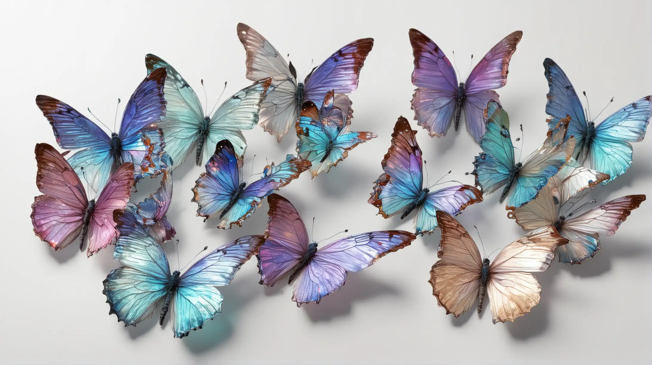 Cluster of Iridescent Butterflies on White Background