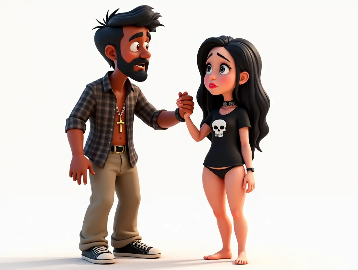 Create a highly accurately detailed Disney Pixar animation style 3-D poster titled Disney Pixar Presents “Goth Gal” featuring A 3D Cartoonish Version Of A tall Handsome scared frightened South Asian male adult Christian wearing a cross around his neck, long khaki pants and plaid shirt and sneakers being touched by a shorter very attractive fit looking Gothic-style young adult woman of Northwestern European Descent with long black hair. She is wearing a black t-shirt with a skull logo, a choker around her neck, and small black thong. She is barefoot. White Background in back . Movie Poster has the tagline “You couldn't resist her”