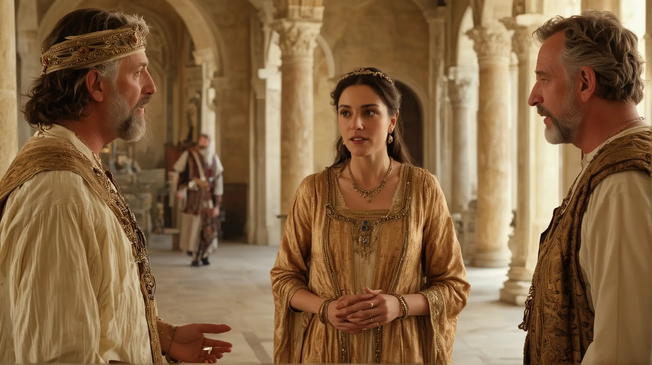 Esther Speaking with Two Elders in Palace Setting