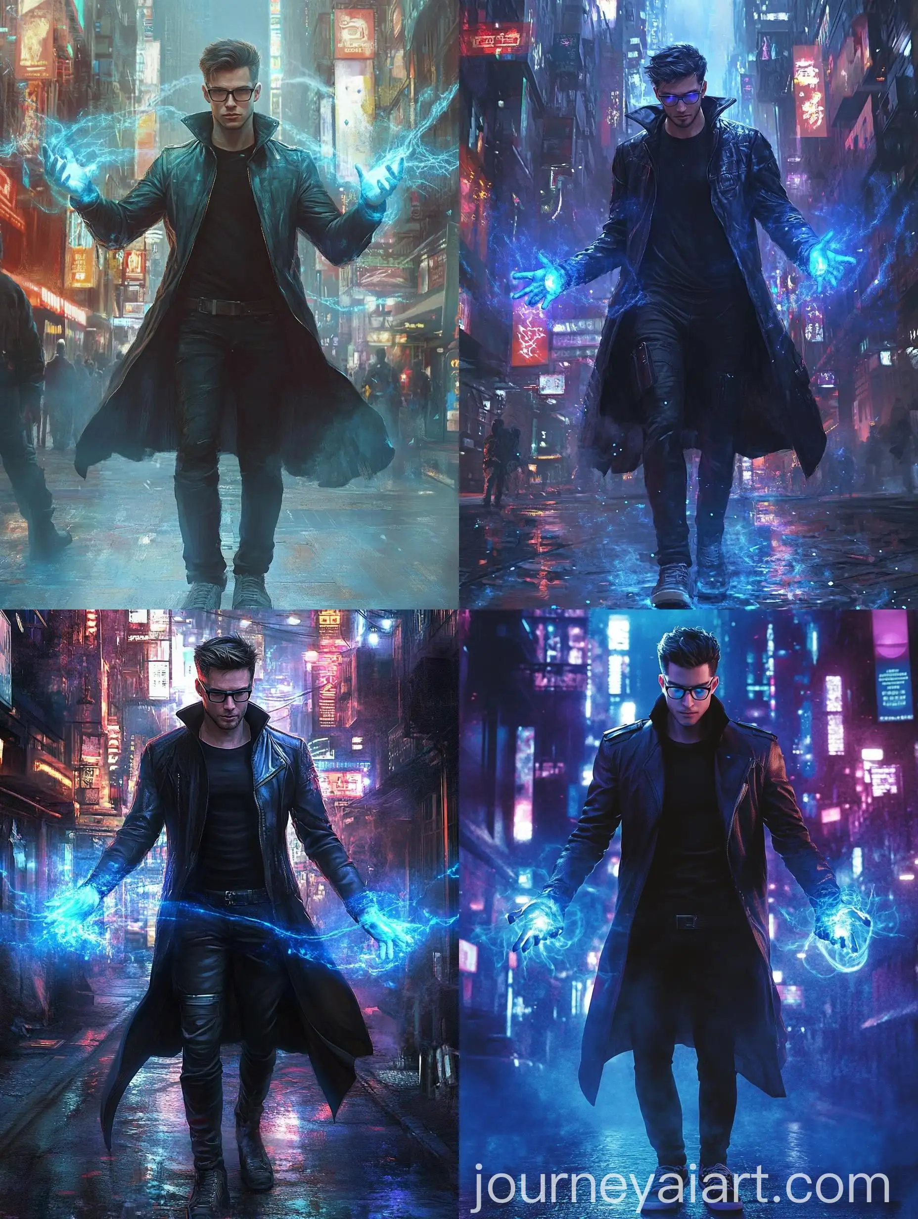 Young-Male-Wizard-Conjuring-Blue-Magic-in-Cyberpunk-Fantasy-City