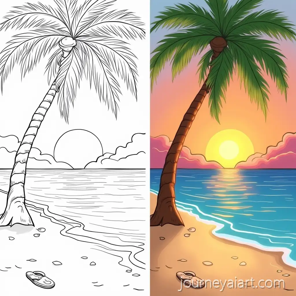 TropicalAI-Art-Prompt-Expansion-Beach-Sunset-with-Coconut-Tree-and-Gentle-Waves-Black-and-White-Line-Drawing-Vibrant-Painted-Version