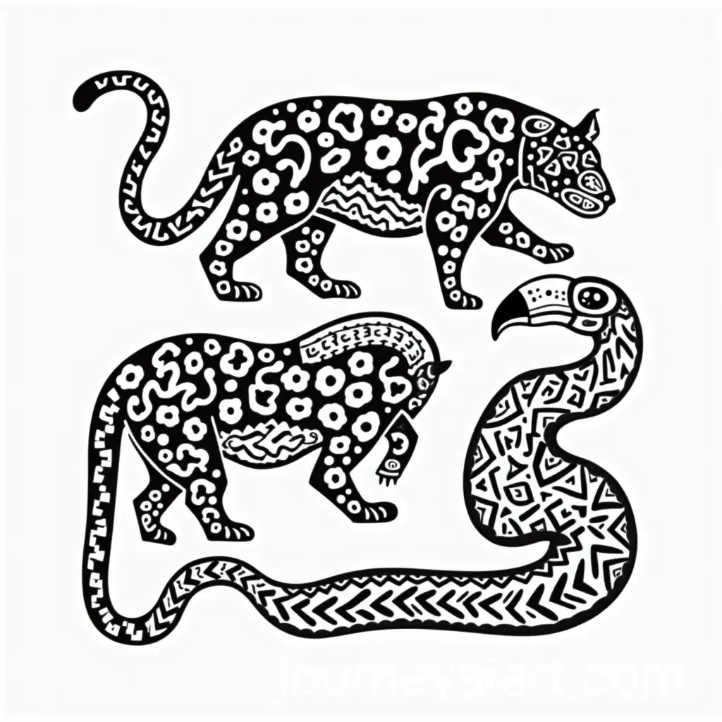 Minimalist-ShuarInspired-Black-and-White-Pattern-with-Jaguar-Toucan-and-Snake