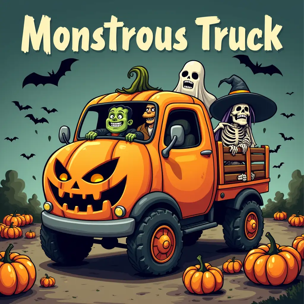 Vector illustration. A monstrous truck, transformed into a pumpkin with a grinning face. A Frankenstein's monster, a skeleton, and a ghost are riding inside, with a witch flying overhead. Background Bats swarm around the truck, and pumpkins are scattered on the ground. the text 'Monstrous Truck' above it.