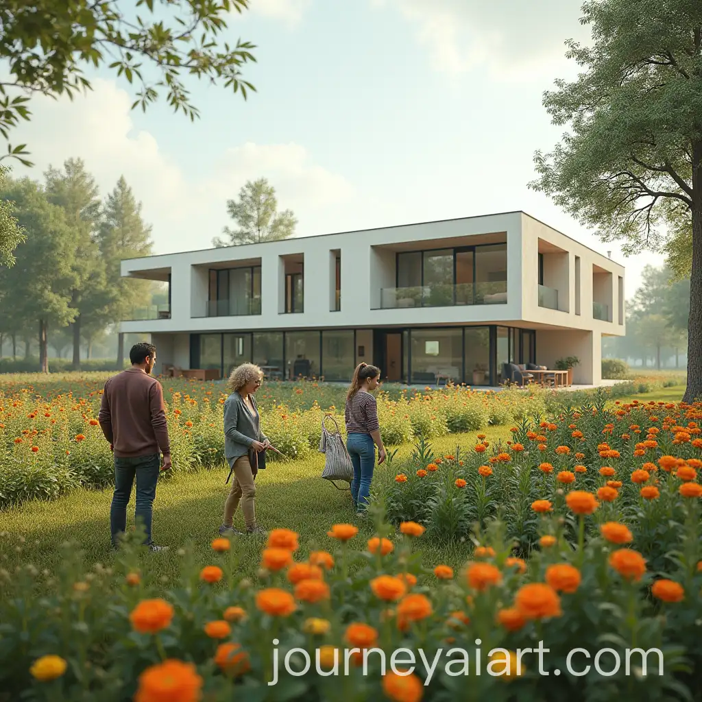 Family-Cultivating-a-Vibrant-Flower-Garden-Near-an-Abstract-House