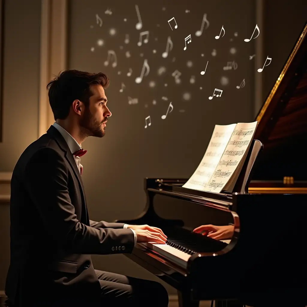 A man who is a music composer in his studio playing the piano appears a very attractive woman, his muse, looking at him directly singing. With musical notes floating in the air