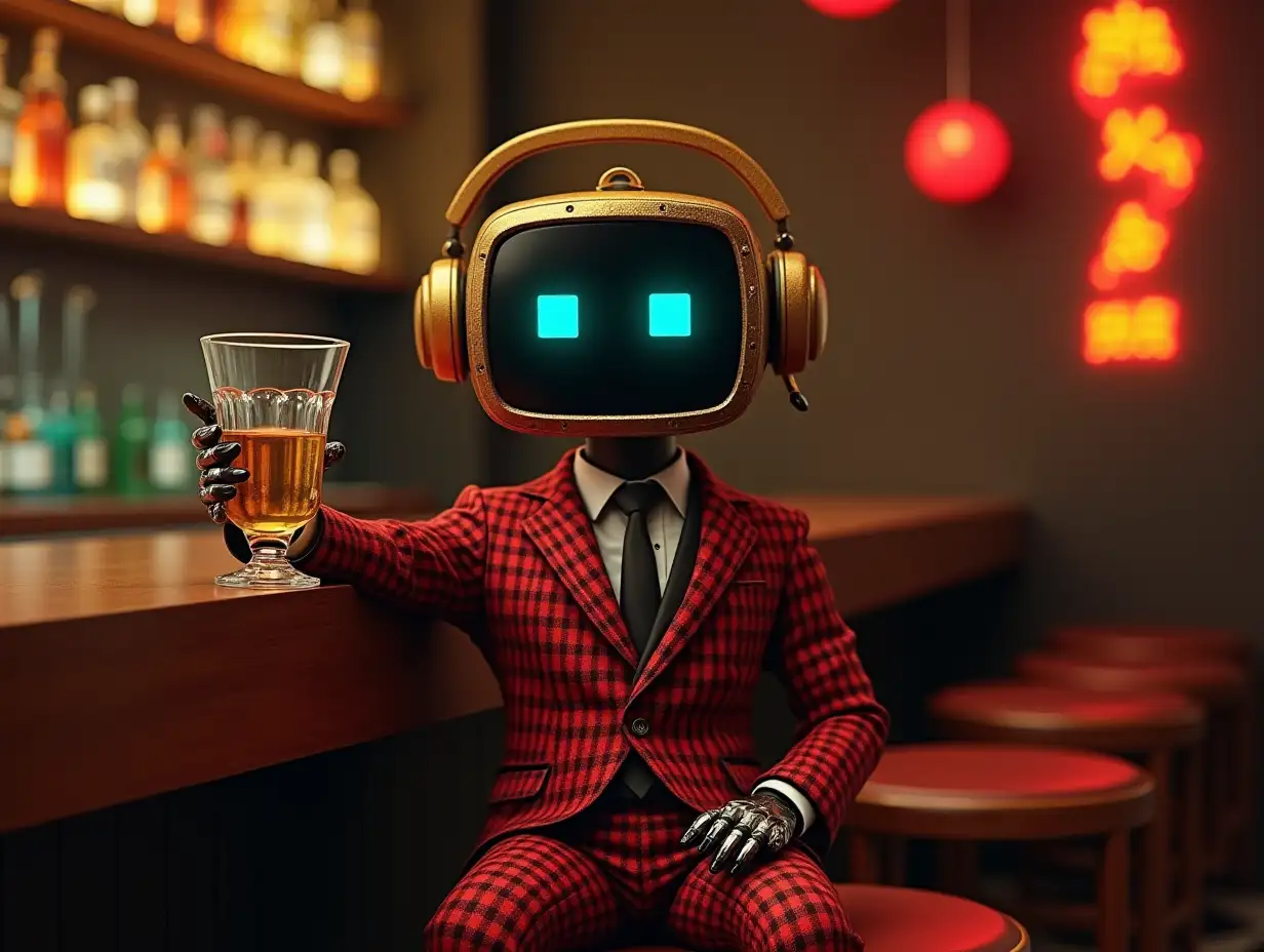 Create a high-resolution, realistic image of a robot with square eyes, golden headphones of fashionable, red-black checkered suit and lacquer shoes at a bar with a glass containing oil in its hand - 4K resolution.