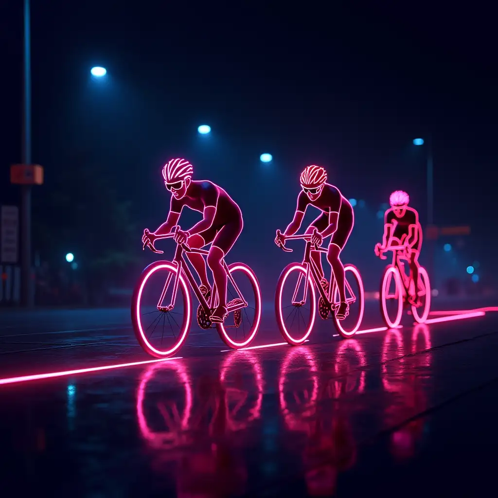 create a image of neon cyclists riders racing on a neon city avenue