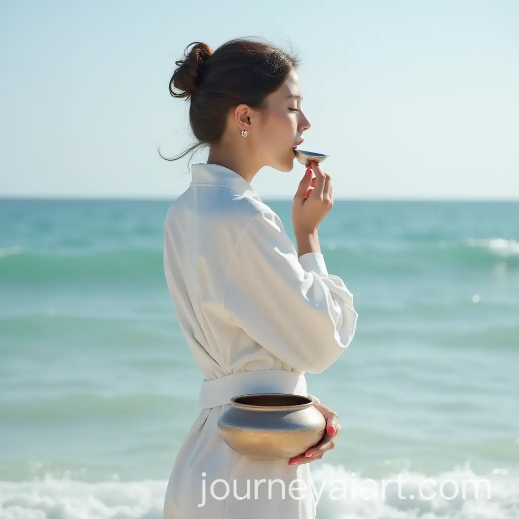 Minimalistic-White-Lady-Standing-by-the-Sea-with-Reflective-Spoon-and-Metal-Paint-Pot