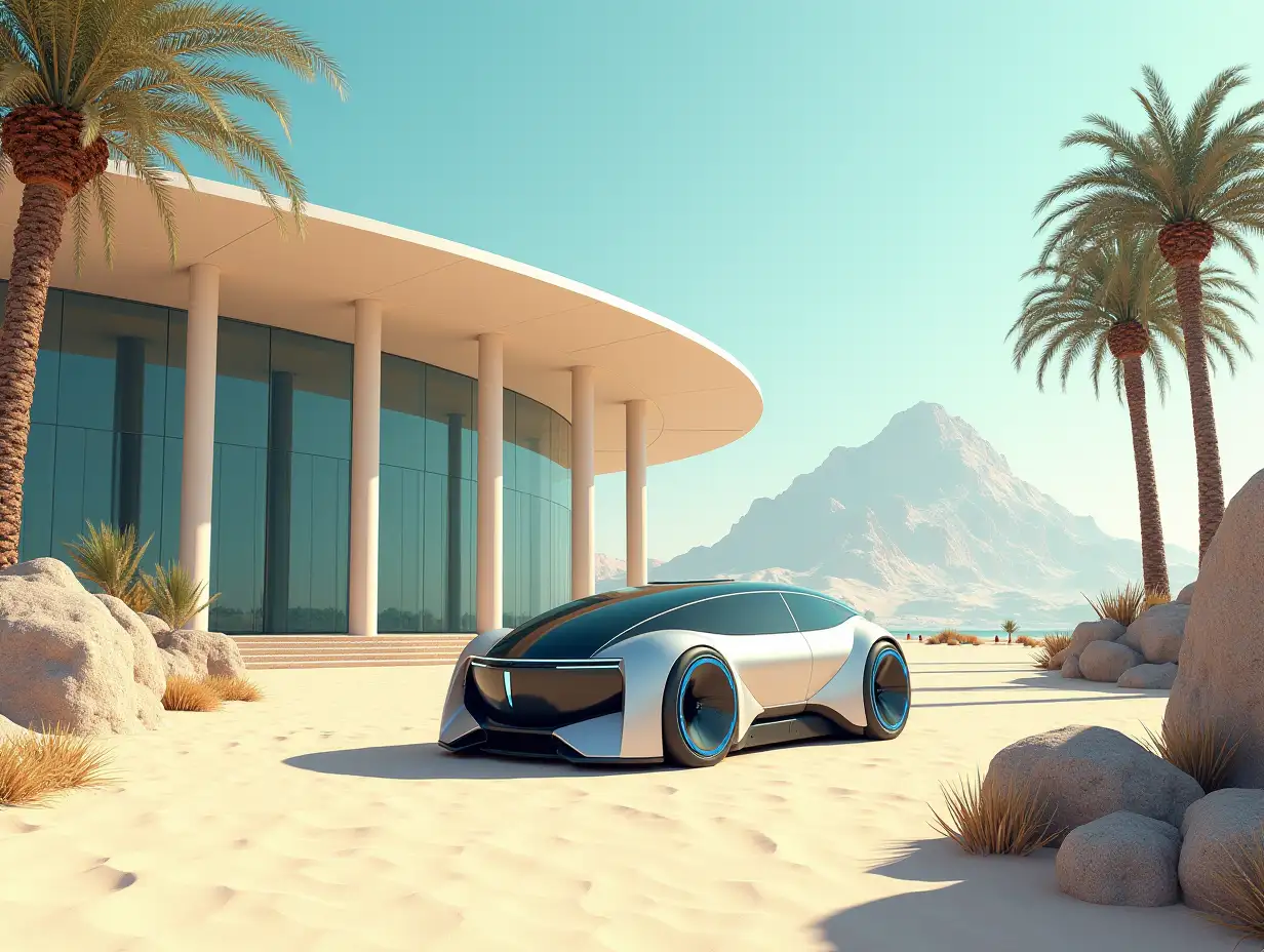 Create an image of a high-resolution futuristic building with curved columns, palms, rocks, sandy ground and a futuristic vehicle