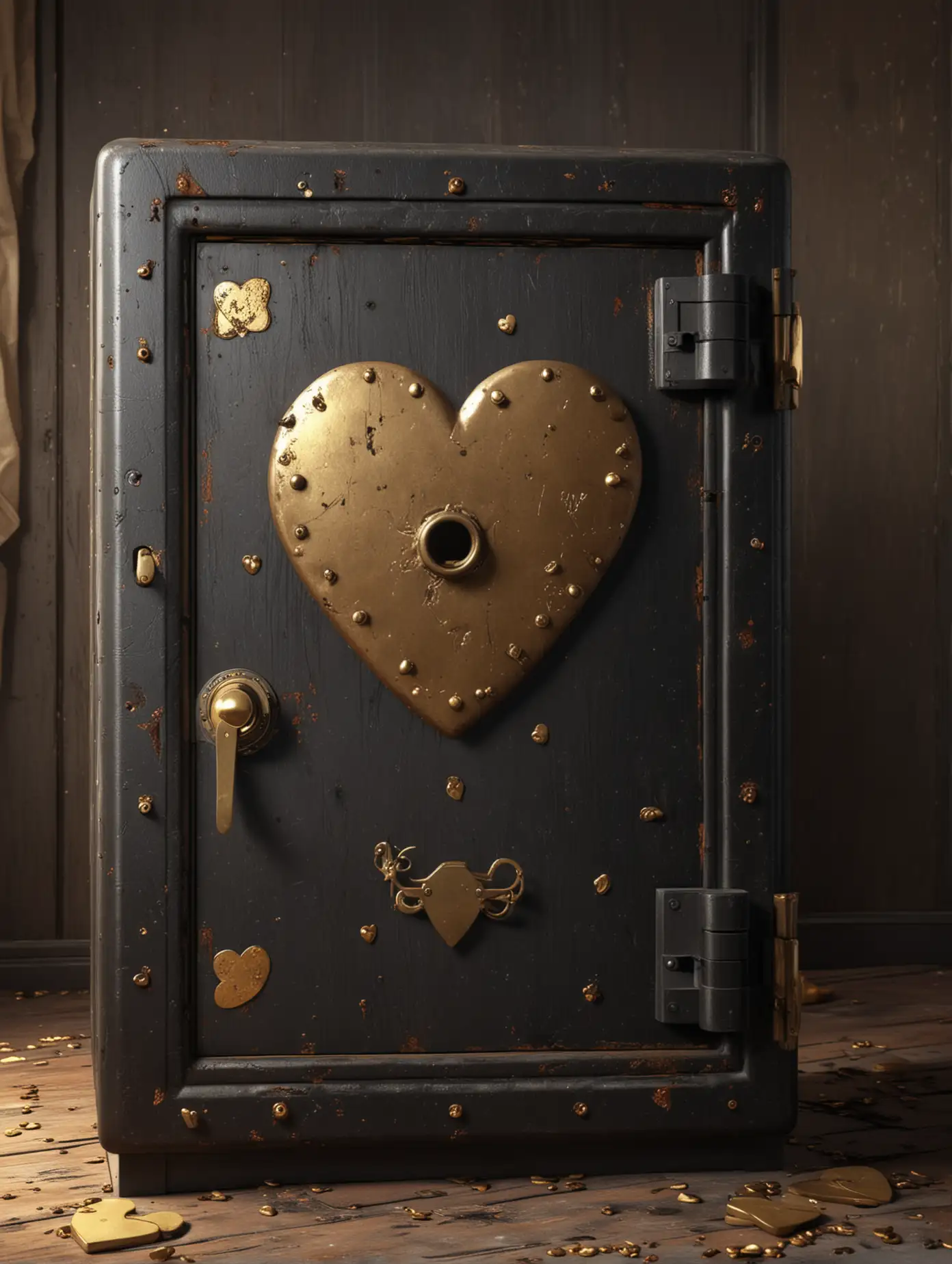 a black rusty safe from the 50s, the door is open, the inside is filled with golden hearts, soft light, photoreal, 8k