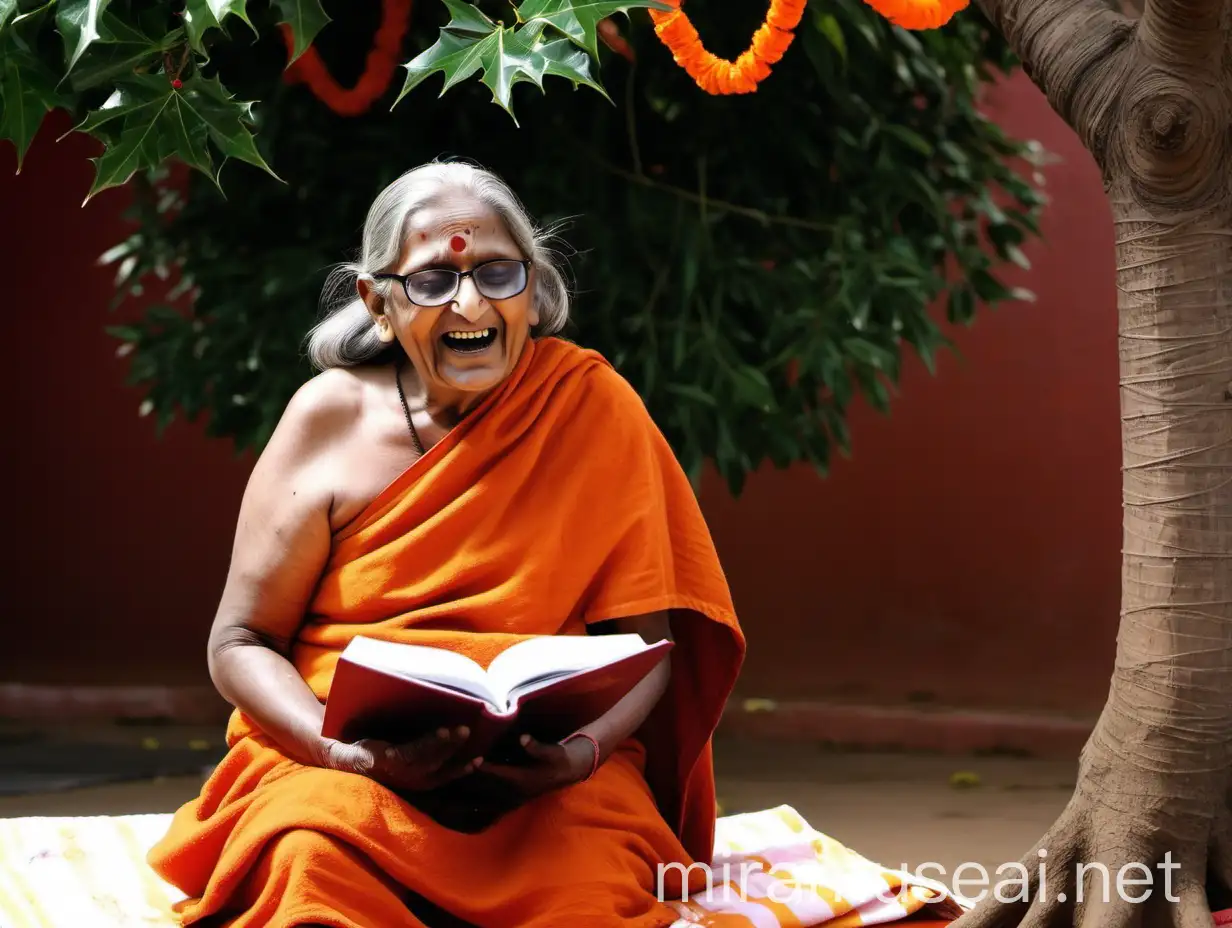 Senior Hindu Woman Monk Giving Nighttime Speech with Holy Book in Ashram Courtyard