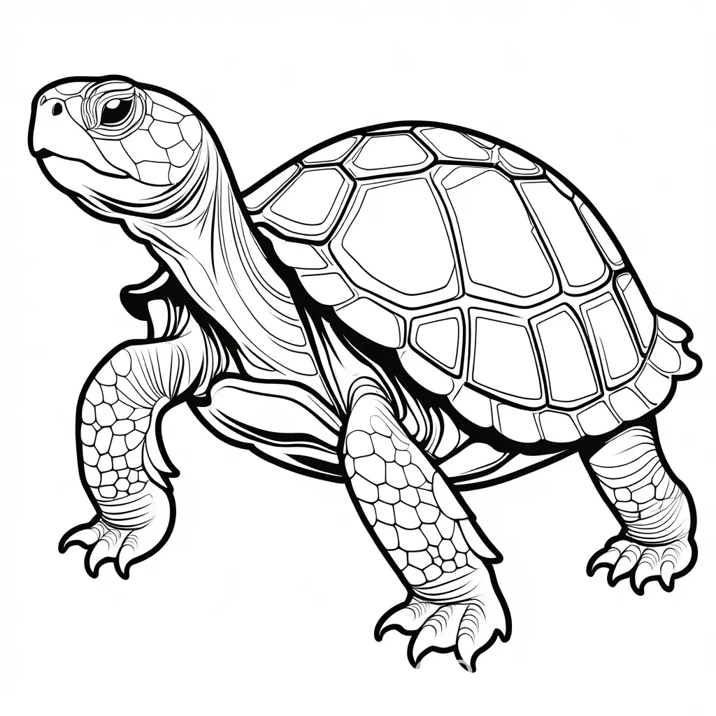 Tortoise, Coloring Page, black and white, line art, white background, Simplicity, Ample White Space. The background of the coloring page is plain white to make it easy for young children to color within the lines. The outlines of all the subjects are easy to distinguish, making it simple for kids to color without too much difficulty