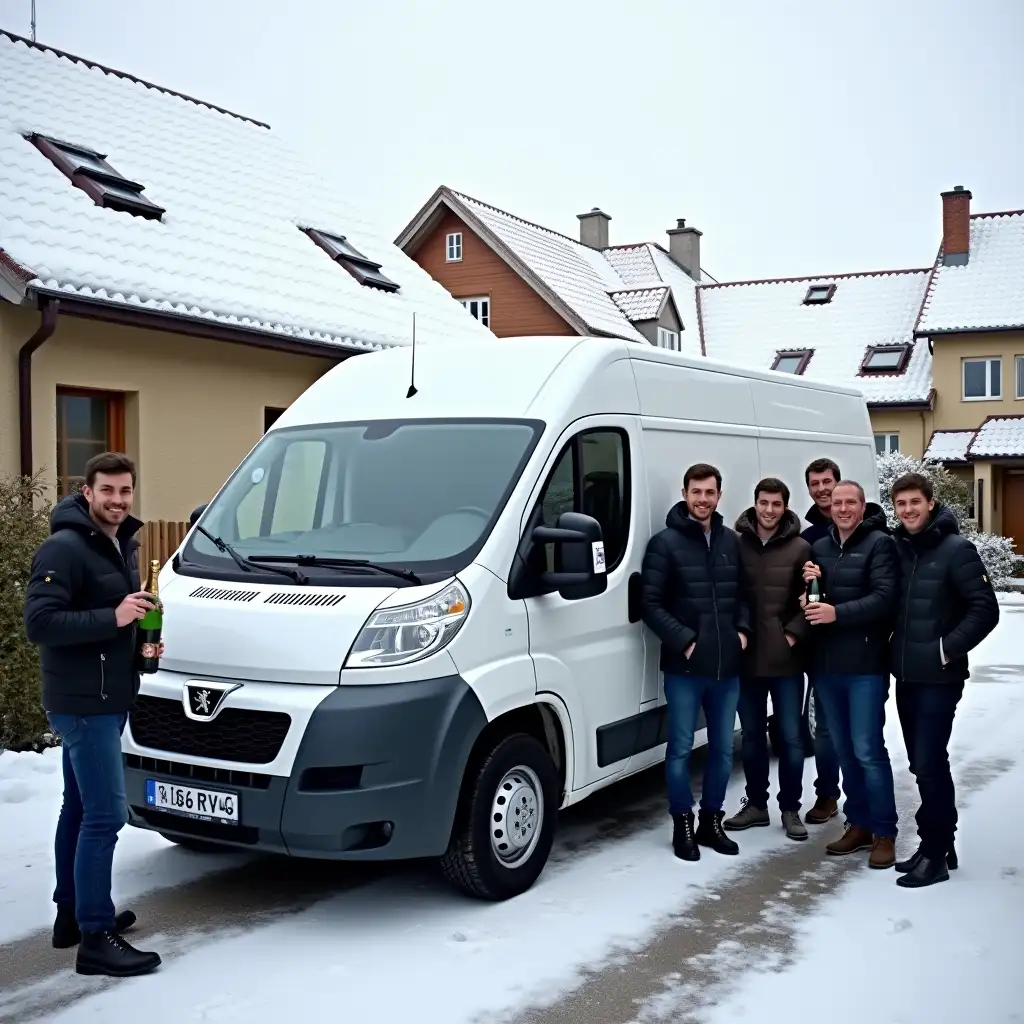 Celebration-of-Minibus-Purchase-with-Friends-and-Champagne-in-Snowy-Courtyard