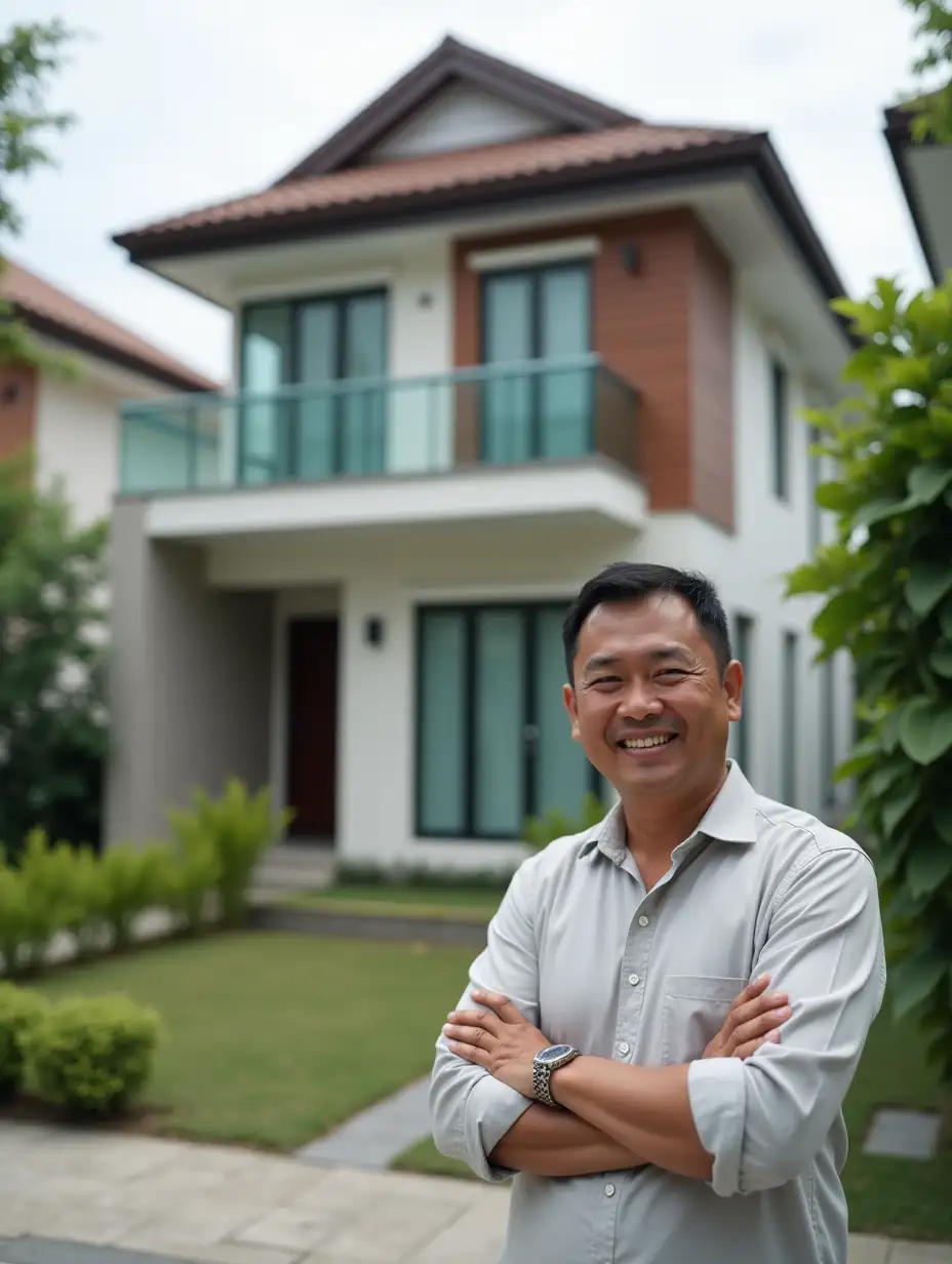 A malay man standing in front of a house for sale in Malaysia