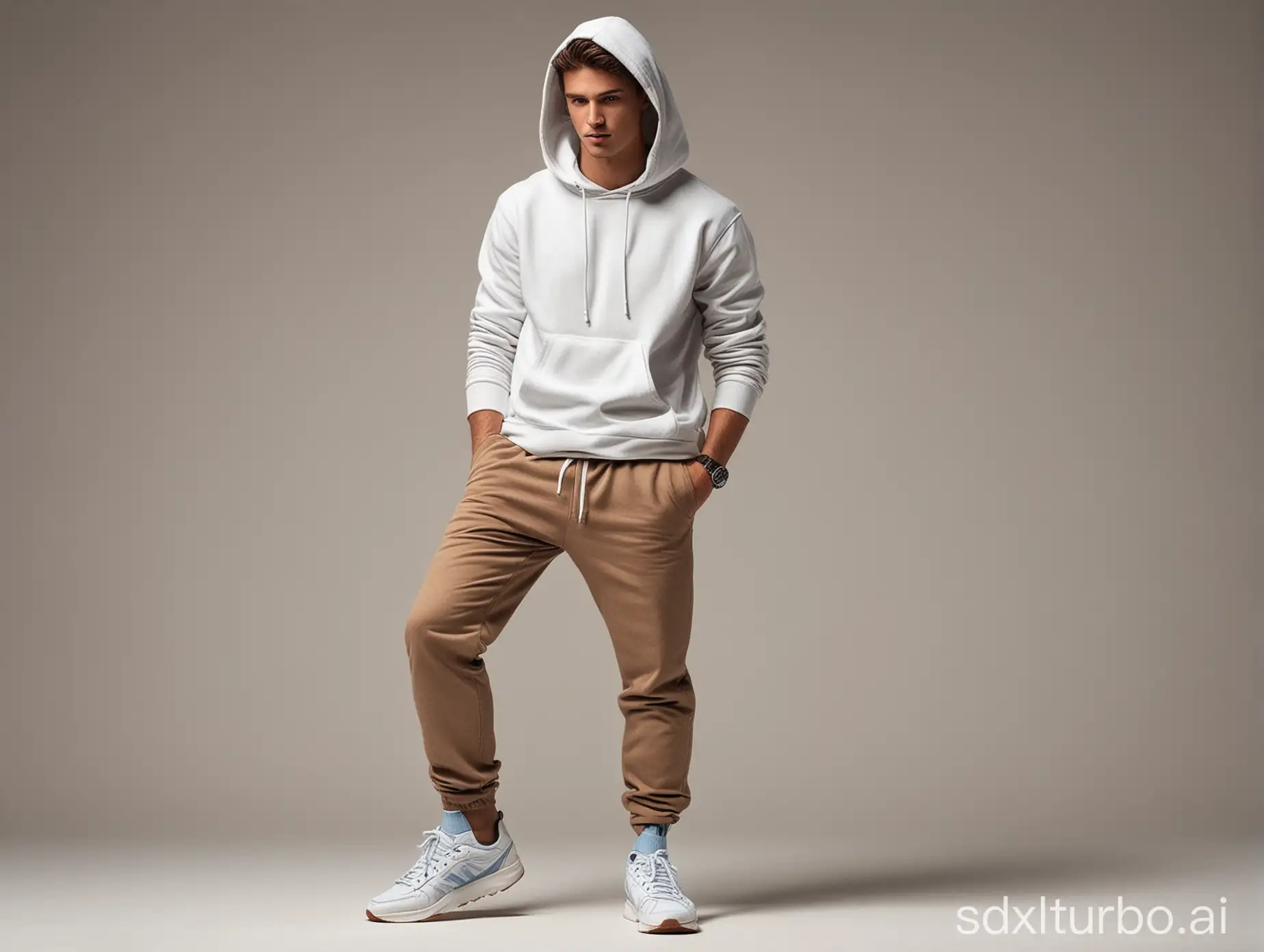 Create an image of a male model STENDING WITH TRENDY POSE, wearing a light WHITE HOODIE, light DARK BROWN pants, and light blue sneakers, against a RELETED background.