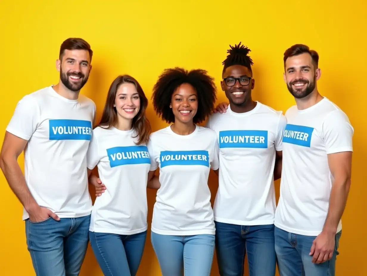 Six individuals, a balanced mix of three men and three women, one Asian girl, Hispanic,stand side by side in a harmonious composition. They are all adorned in crisp white T - shirts, upon which the word 'VOLUNTEER' is emblazoned in a vivid, attention - grabbing shade of blue. The font is bold yet clean, easy to read. Complementing their tops, they sport casual blue jeans with natural - looking creases and fabric textures. Each person has a genuine, wide smile, with well - defined facial features, sparkling eyes, and teeth clearly visible, exuding warmth and friendliness. The light yellow background is soft and evenly lit, enhancing the overall cheerful vibe without any harsh shadows or distractions. It gives a sense of openness and positivity, contributing to the highly promotional aesthetic. The image is rendered in ultra - high resolution, with every detail, from the individual strands of hair to the stitching on the clothes, captured with precision. The colors are vibrant and true - to - life, creating a visually appealing and professional - looking result.