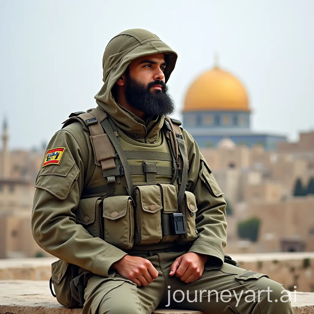 Hezbollah-Fighter-in-Camouflage-Military-Suit-with-Dome-of-Rock-in-Background