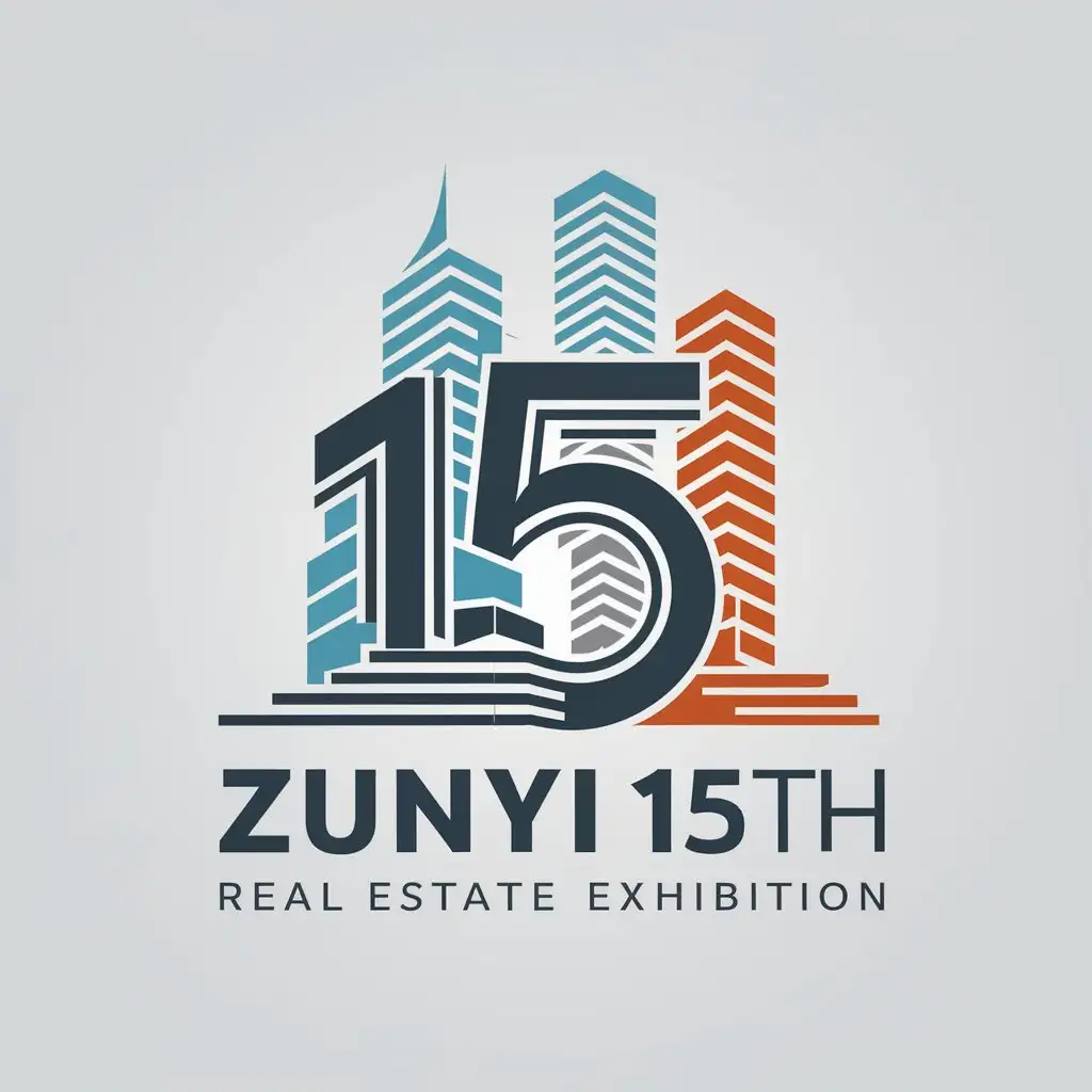 a vector logo design,with the text "Zunyi 15th Real Estate Exhibition", main symbol:abstract artistic digital 15, building skyscrapers, color blocks,Moderate,be used in Real Estate industry,clear background