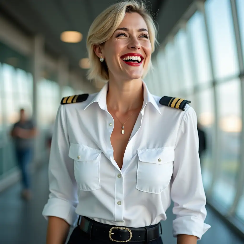 white norvegian pilot lady, in white deep-necked pilot shirt, laughing with her mouth open, red lipstick accentuating her smile,belt on waist, big wide hips, chest are fully grown, jewerly, short hair, HD, enjoing at airport , photo-realism