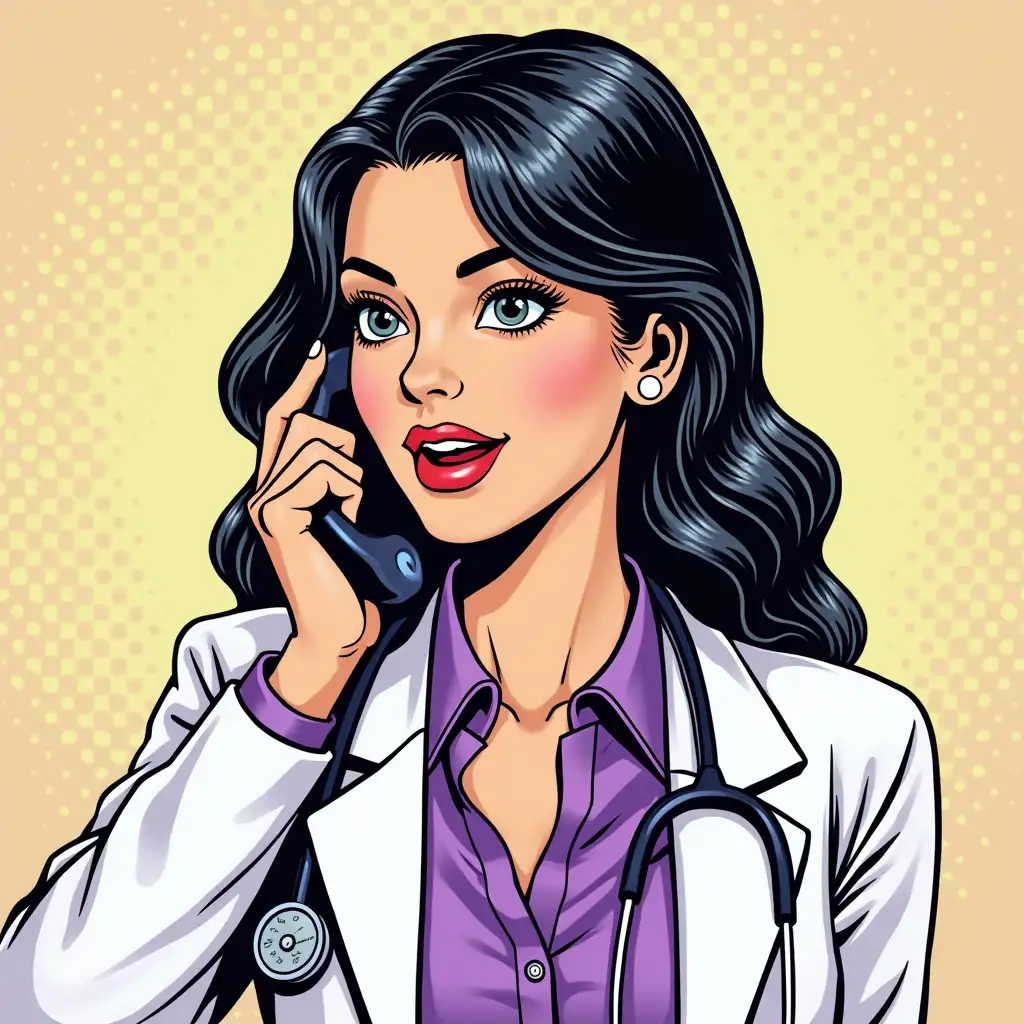 A female doctor in pop art style with dark hair is talking on the phone in a purple blouse