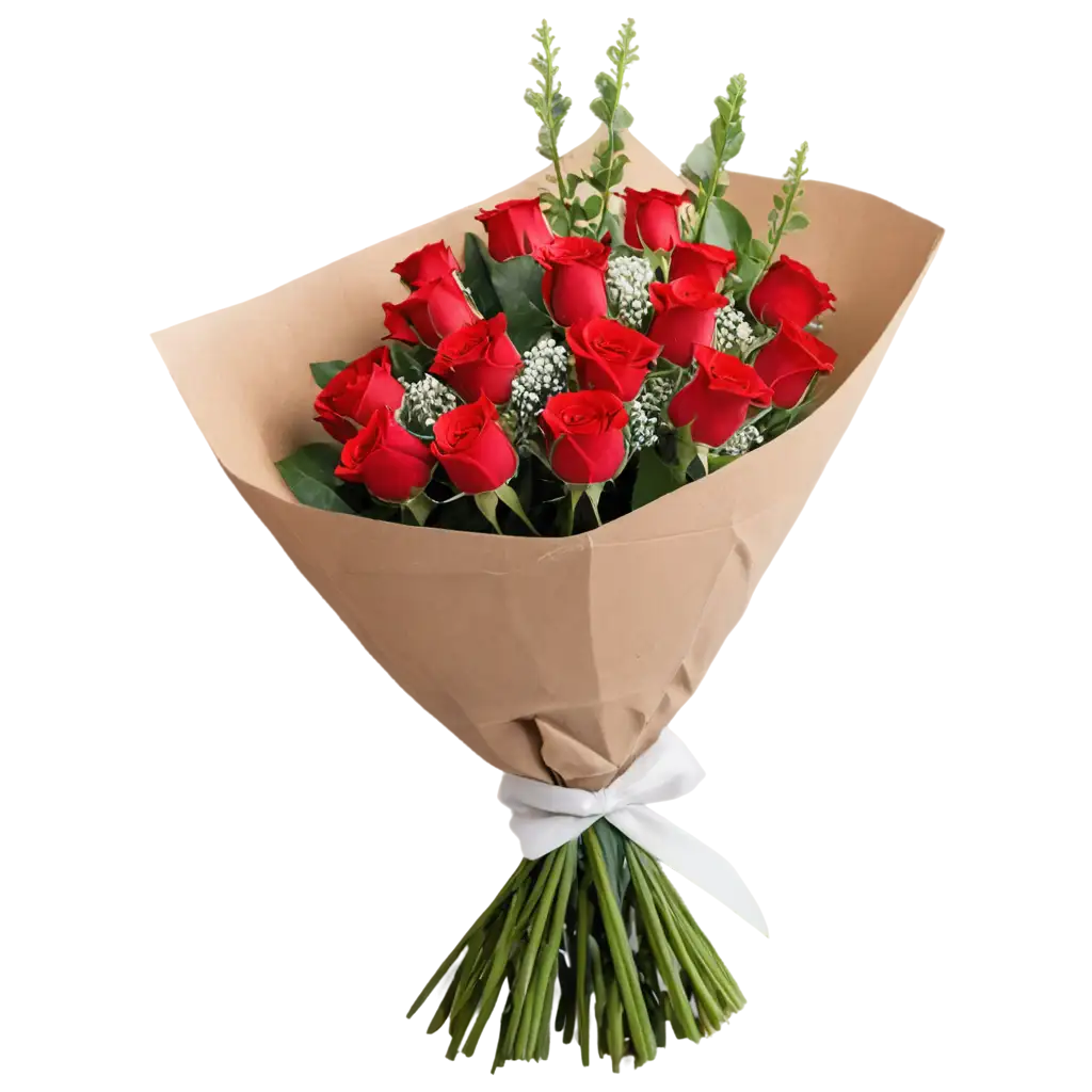 A large bouquet of vibrant red roses with white filler flowers, wrapped in brown paper and tied with a white ribbon